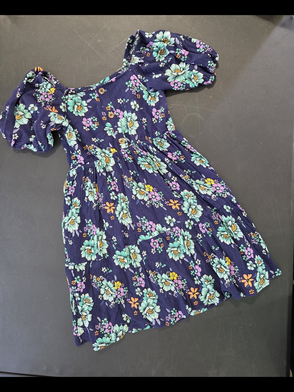 Justice Navy Floral Puff-Sleeve Dress with Aqua and Purple Blooms